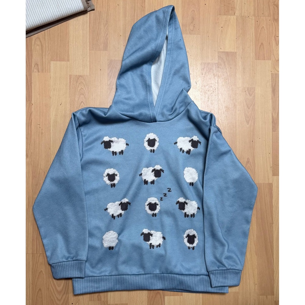Cottagecore Sheep Pattern Knit Hoodie Blue Size Large Kawaii Cute